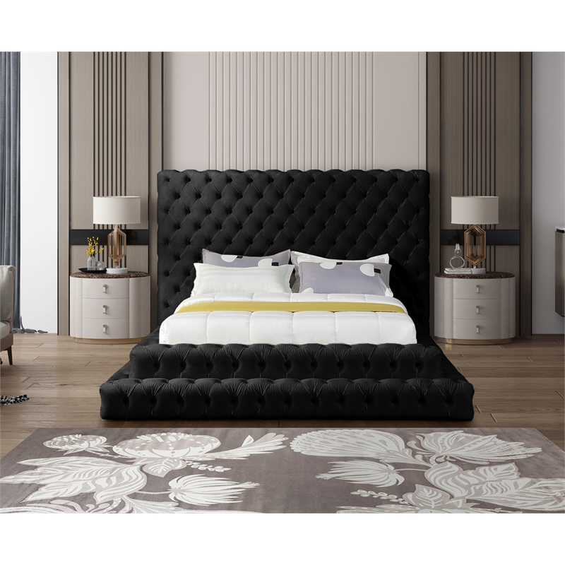 Kingfisher Lane Deep Button Tufting Velvet Queen Bed in Soft Black