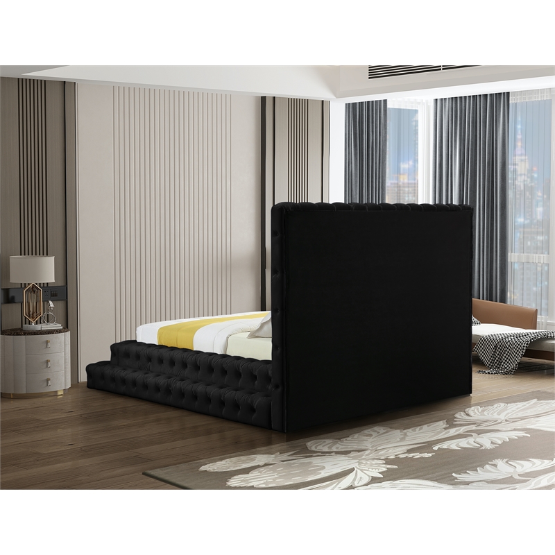 Kingfisher Lane Deep Button Tufting Velvet Queen Bed in Soft Black