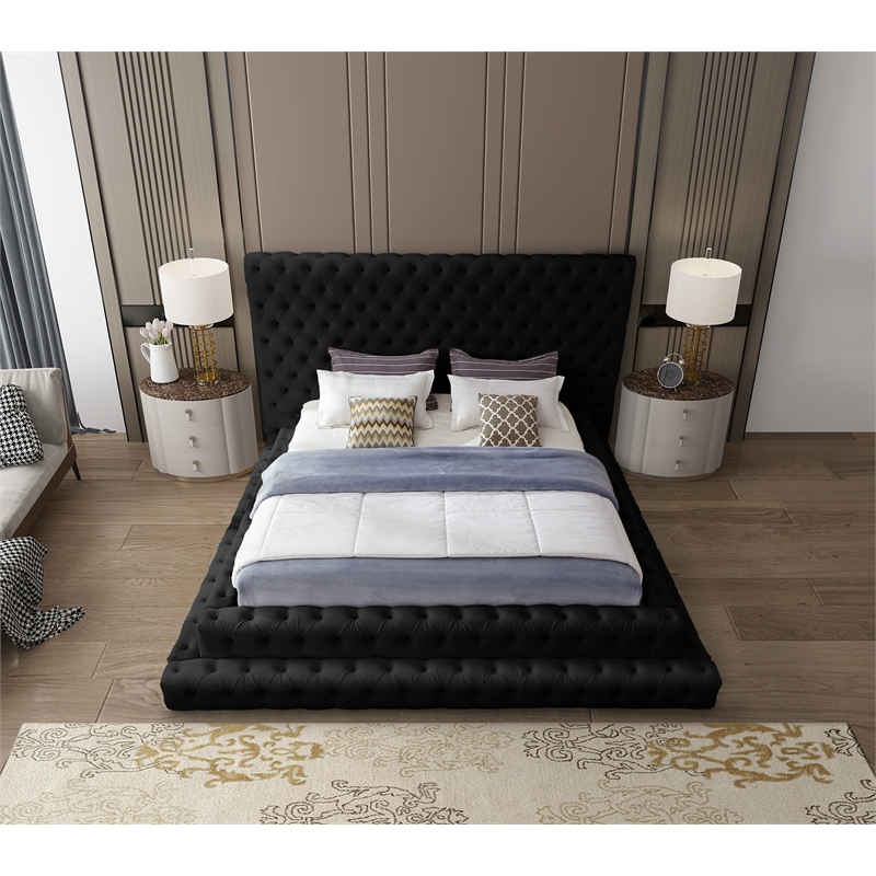 Kingfisher Lane Deep Button Tufting Velvet Queen Bed in Soft Black