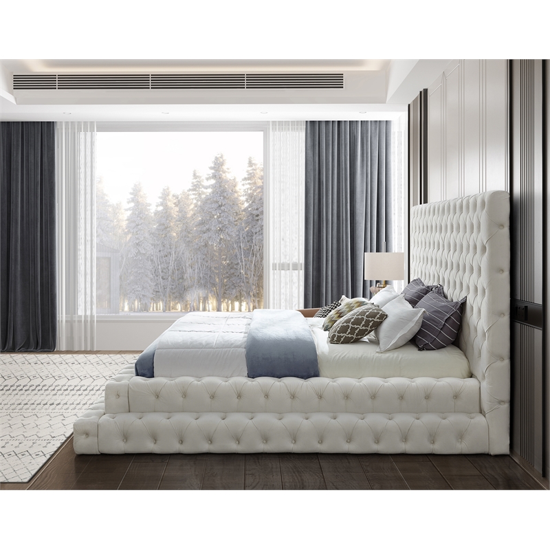 Kingfisher Lane Contemporary Velvet King Bed in Soft Cream Finish