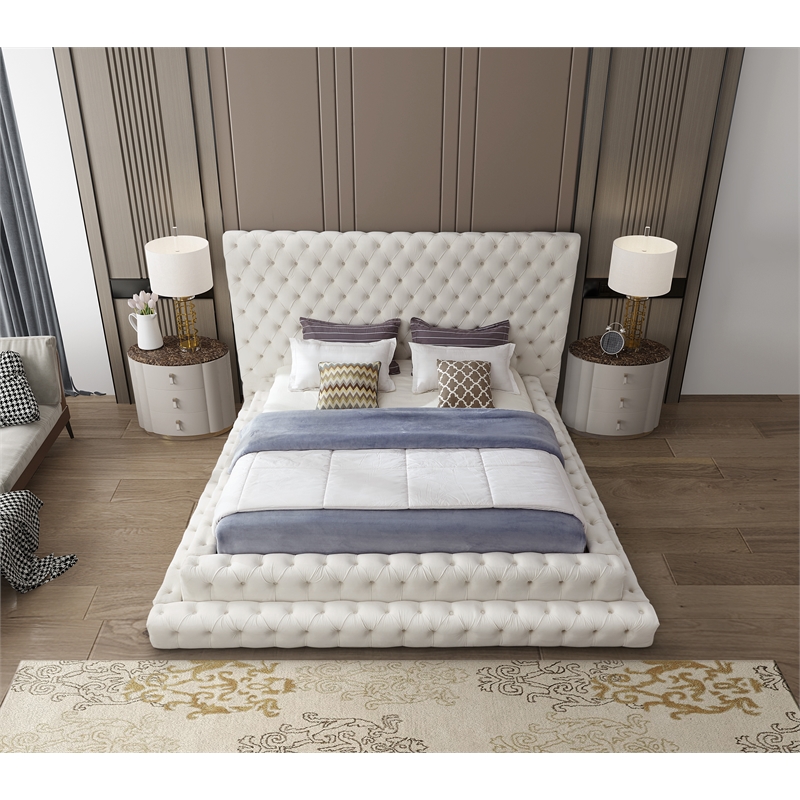 Kingfisher Lane Contemporary Velvet King Bed in Soft Cream Finish