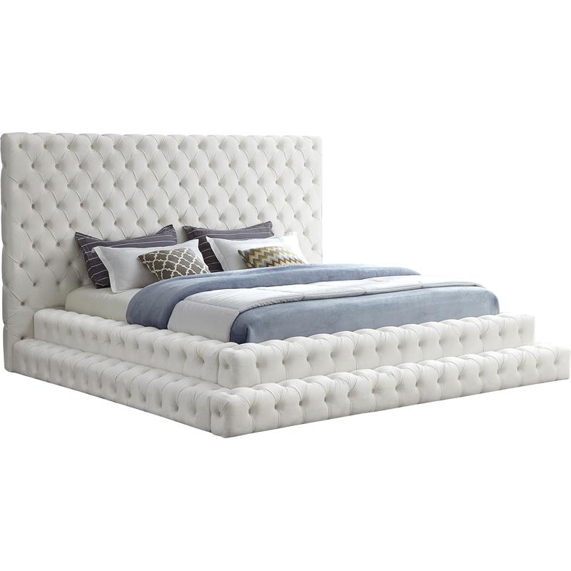 Kingfisher Lane Contemporary Velvet King Bed in Soft Cream Finish