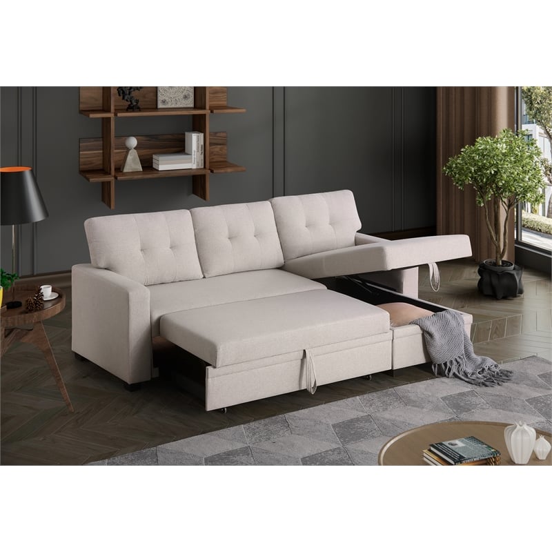 Kingfisher Lane Polyester Fabric Reversible Sleeper Sectional Sofa-Beige