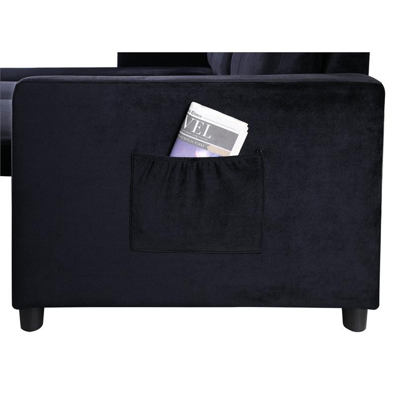 Kingfisher Lane Velvet Reversible Sleeper Sectional with Storage in Black