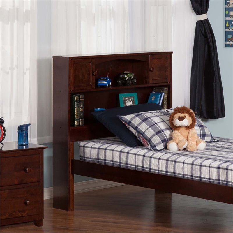 Kingfisher Lane Twin Wood Bookcase Headboard with Device Charger in Walnut