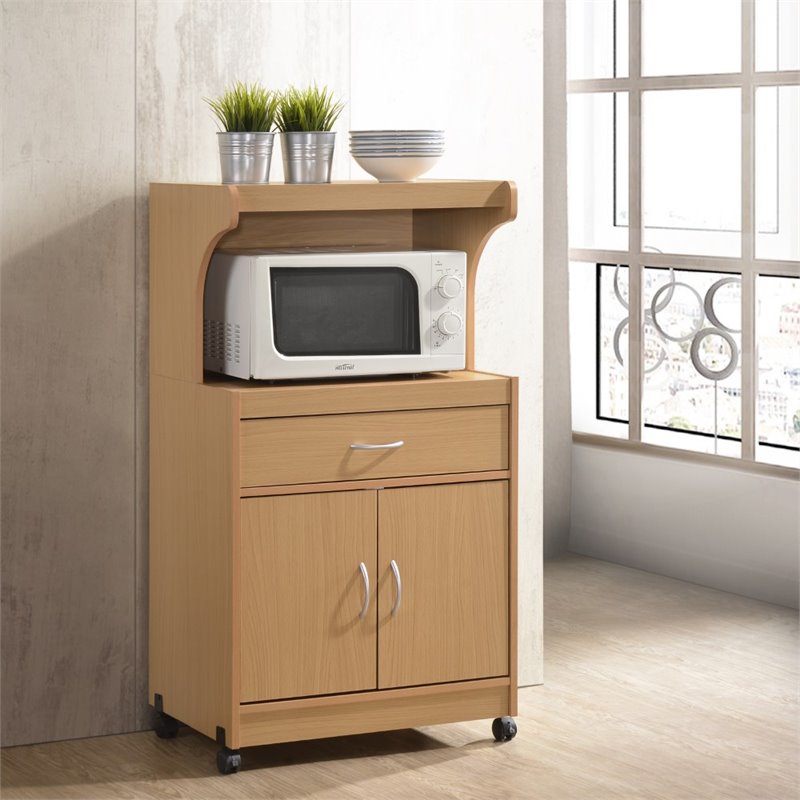 Kingfisher Lane Microwave Contemporary Wooden Kitchen Cart in Beige Finish
