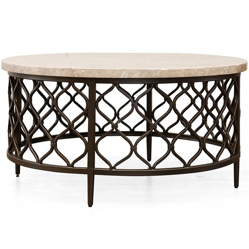 Kingfisher Lane Round Stone Top with Metal Base Coffee Table in Espresso