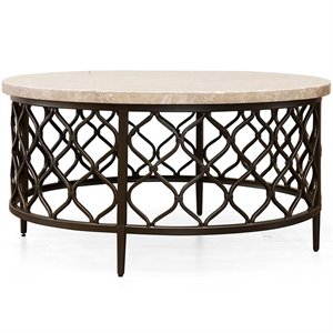 Kingfisher Lane Round Stone Top with Metal Base Coffee Table in Espresso