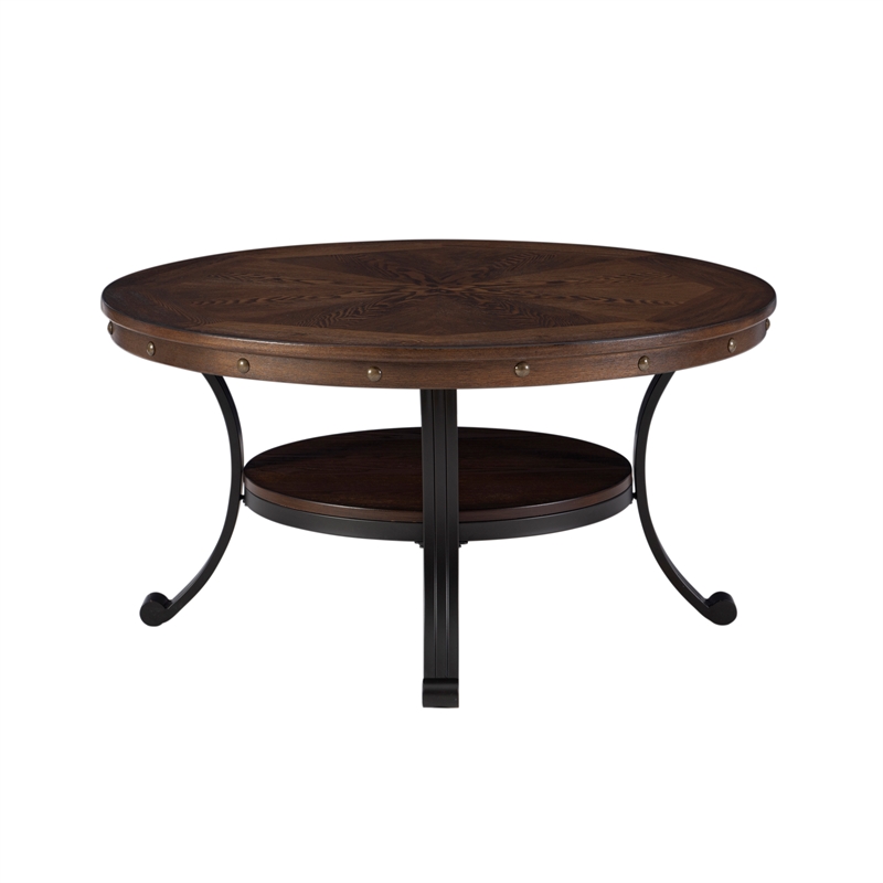 Kingfisher Lane Coffee Table Steel Legs Wood Top and Shelf in Rustic Umber Brown