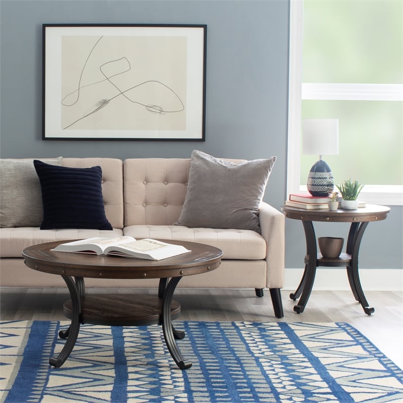 Kingfisher Lane Coffee Table Steel Legs Wood Top and Shelf in Rustic Umber Brown