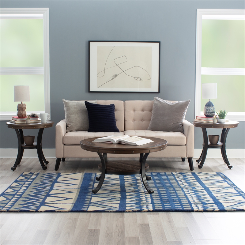 Kingfisher Lane Coffee Table Steel Legs Wood Top and Shelf in Rustic Umber Brown