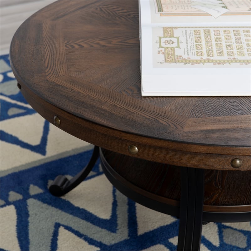 Kingfisher Lane Coffee Table Steel Legs Wood Top and Shelf in Rustic Umber Brown