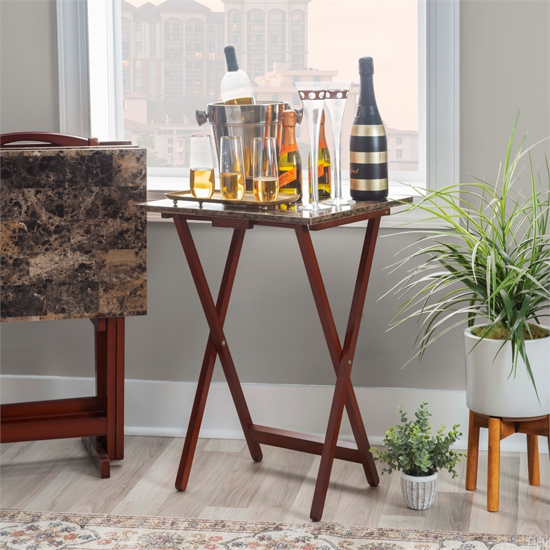 Kingfisher Lane Wood Five Piece Folding Set with Stand in Brown Faux Marble
