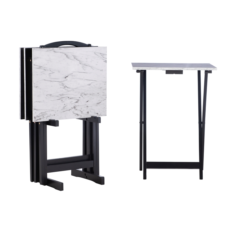 Kingfisher Lane Wood Five Piece Folding Set with Stand in White Faux Marble