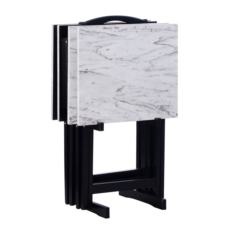 Kingfisher Lane Wood Five Piece Folding Set with Stand in White Faux Marble