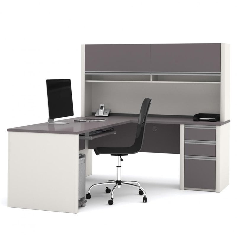 Kingfisher Lane L-Shape Wood Computer Desk with Hutch in Sandstone and Slate