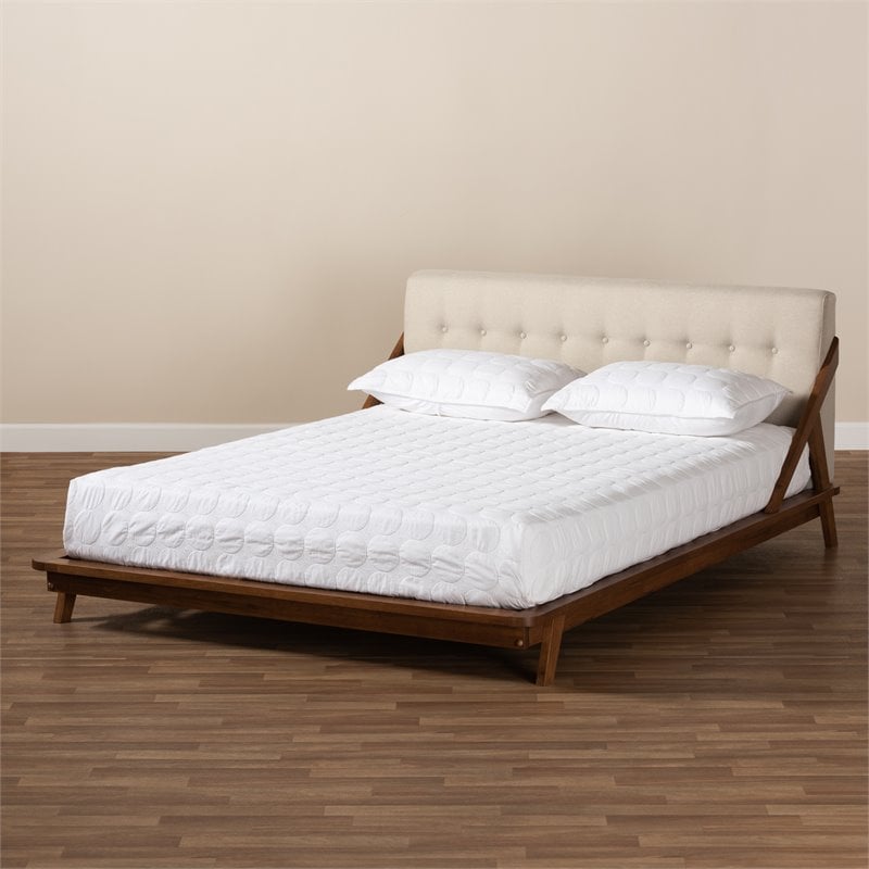 Kingfisher Lane Mid-Century Wood and Fabric Queen Platform Bed - Light Beige