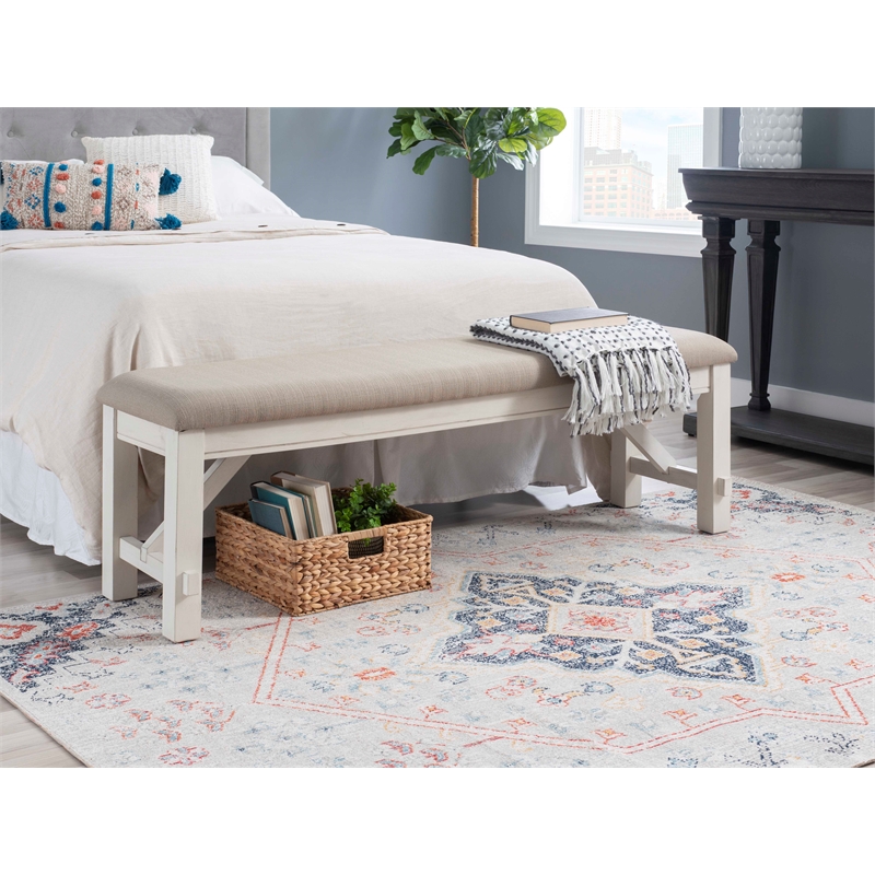 Kingfisher Lane Thick Rubberwood Tan Upholstered Bench in Smokey White Finish