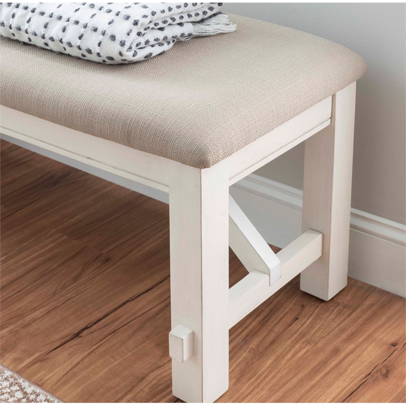 Kingfisher Lane Thick Rubberwood Tan Upholstered Bench in Smokey White Finish