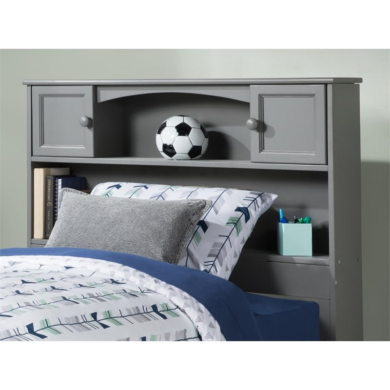 Kingfisher Lane Twin Solid Wood Bookcase Headboard with Device Charger in Gray
