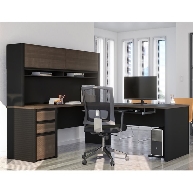 Kingfisher Lane 5 Piece L Shaped Computer Desk with Hutch in Antigua and Black