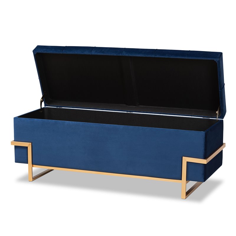 Kingfisher Lane Navy Blue Velvet Upholstered and Gold Finished Storage Ottoman