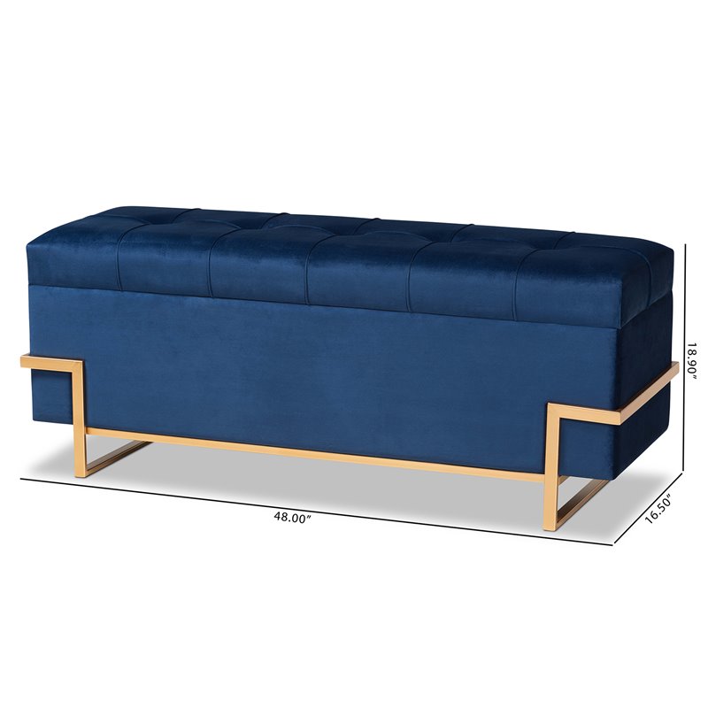 Kingfisher Lane Navy Blue Velvet Upholstered and Gold Finished Storage Ottoman