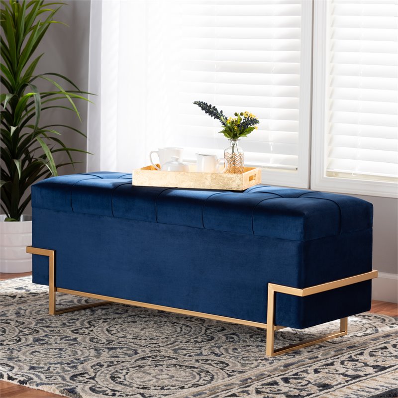 Kingfisher Lane Navy Blue Velvet Upholstered and Gold Finished Storage Ottoman