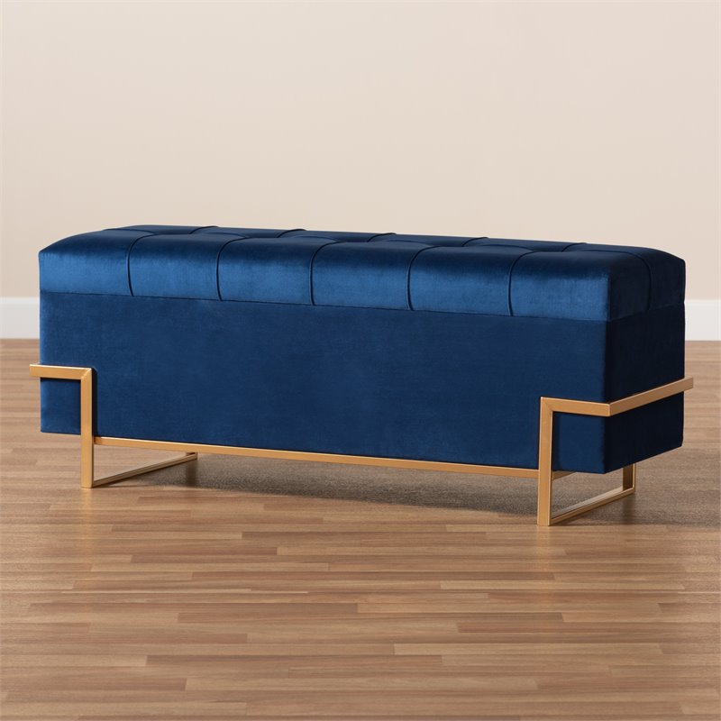 Kingfisher Lane Navy Blue Velvet Upholstered and Gold Finished Storage Ottoman
