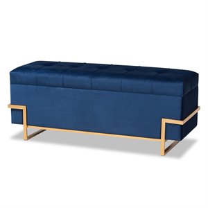 Kingfisher Lane Navy Blue Velvet Upholstered and Gold Finished Storage Ottoman
