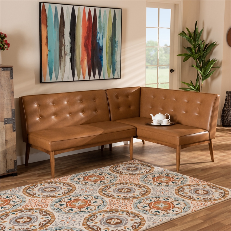 Kingfisher Lane Faux Leather Upholstered and Brown Finished Wood 2-Piece Bench