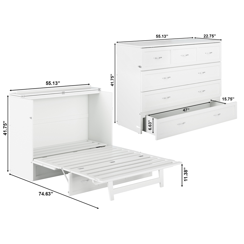Kingfisher Lane Full Solid Wood Modern Murphy Bed Chest with Mattress in White
