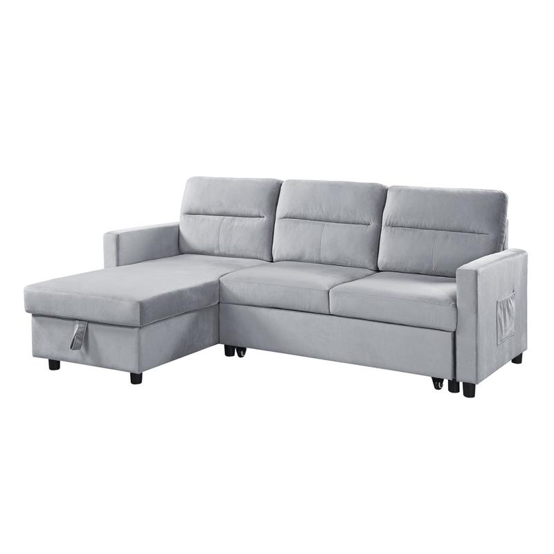 Kingfisher Lane Velvet Reversible Sleeper Sectional with Storage in Light Gray