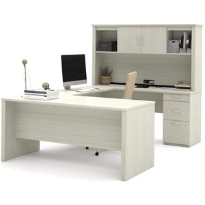 Kingfisher Lane Modern Wood U Shape Computer Desk with Hutch in White Chocolate