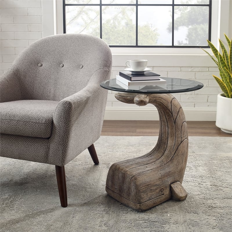 Kingfisher Lane Whale Sculptured Glass & Resin Rustic Accent Table in Driftwood