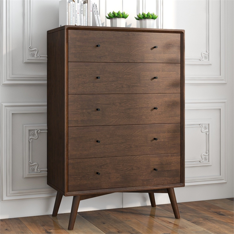 Kingfisher Lane Bedroom 5 drawers Tall Dressers in Solid Wood Walnut Brown
