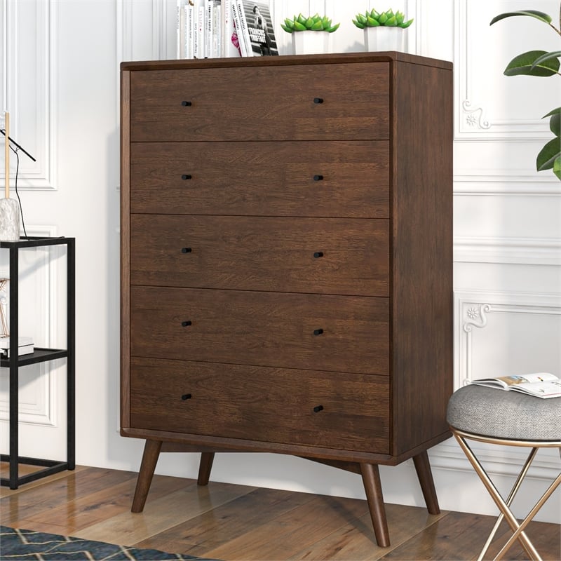 Kingfisher Lane Bedroom 5 drawers Tall Dressers in Solid Wood Walnut Brown
