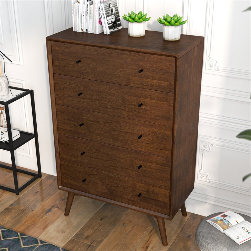 Kingfisher Lane Bedroom 5 drawers Tall Dressers in Solid Wood Walnut Brown