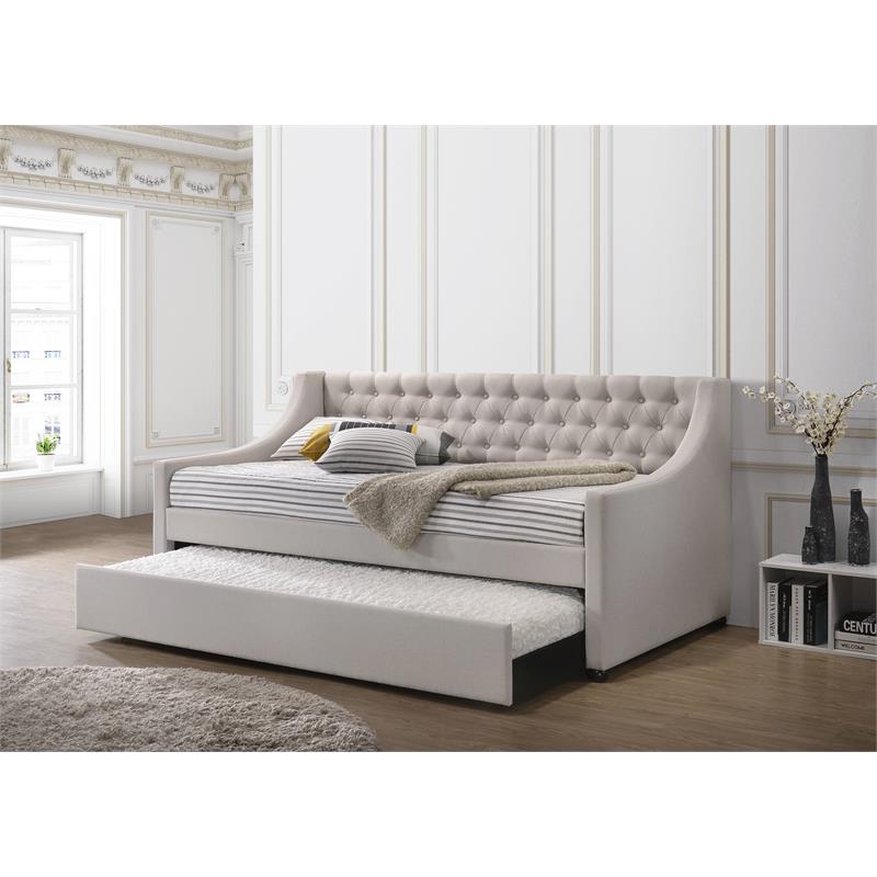 Kingfisher Lane Tufted Upholstered Twin Daybed & Trundle - Beige & Fog Fabric