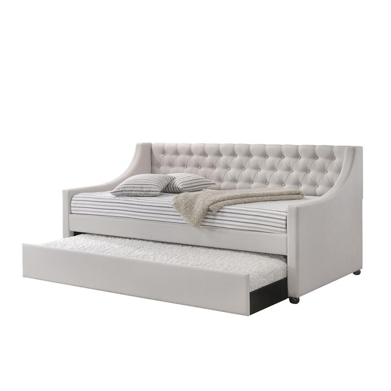 Kingfisher Lane Tufted Upholstered Twin Daybed & Trundle - Beige & Fog Fabric