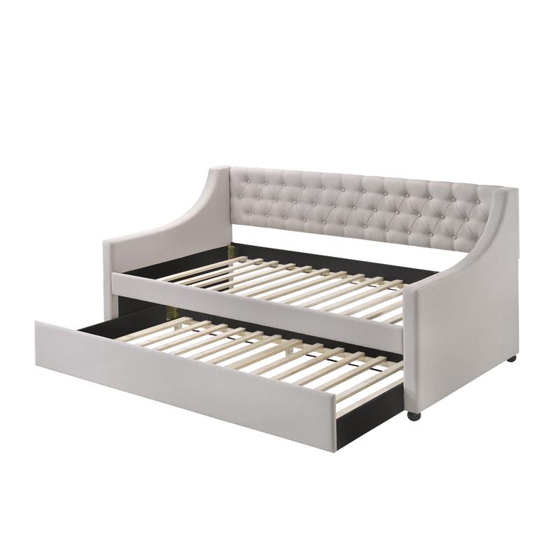 Kingfisher Lane Tufted Upholstered Twin Daybed & Trundle - Beige & Fog Fabric