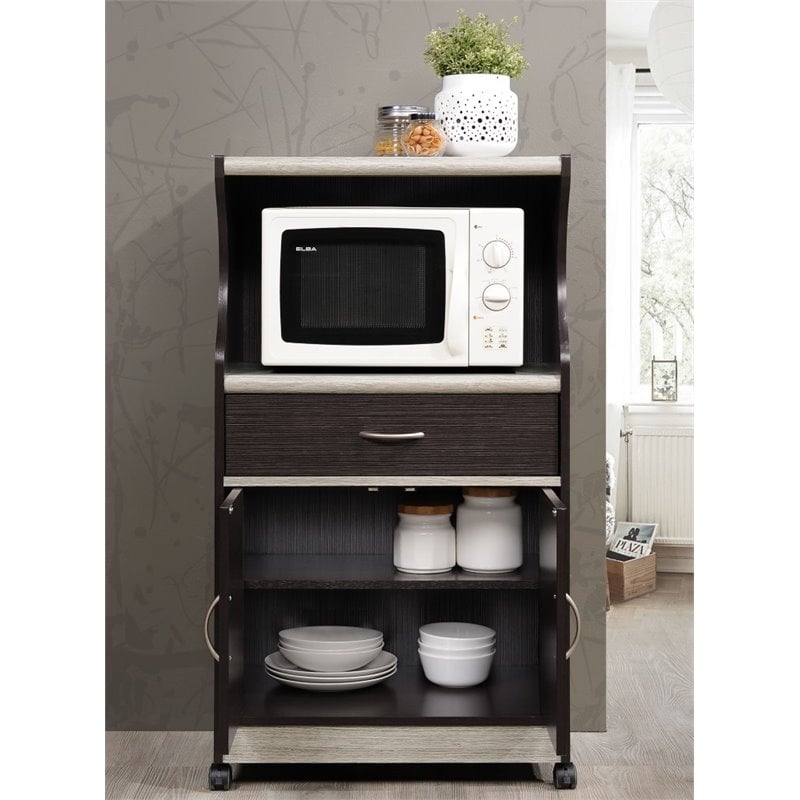 Kingfisher Lane Microwave Wooden Kitchen Cart in Chocolate-Gray Finish