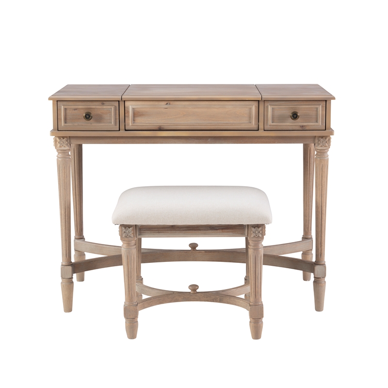 Kingfisher Lane Wood Vanity & Padded Stool Set Flip Up Mirror 2 Drawers - Gray