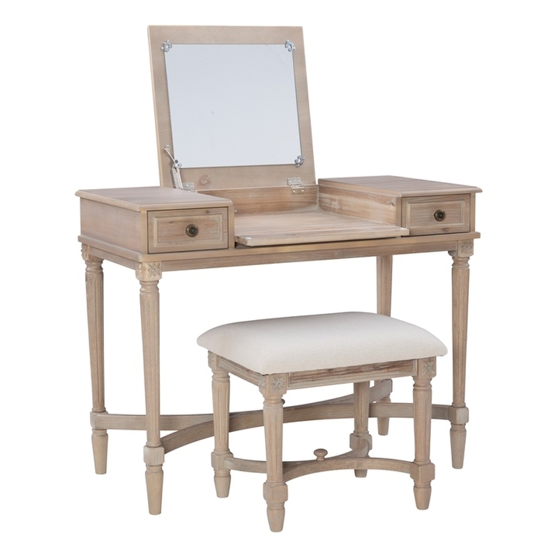 Kingfisher Lane Wood Vanity & Padded Stool Set Flip Up Mirror 2 Drawers - Gray