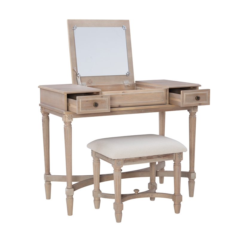 Kingfisher Lane Wood Vanity & Padded Stool Set Flip Up Mirror 2 Drawers - Gray