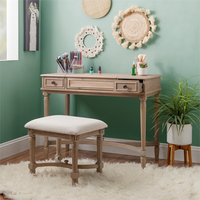 Kingfisher Lane Wood Vanity & Padded Stool Set Flip Up Mirror 2 Drawers - Gray