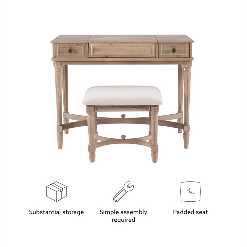 Kingfisher Lane Wood Vanity & Padded Stool Set Flip Up Mirror 2 Drawers - Gray