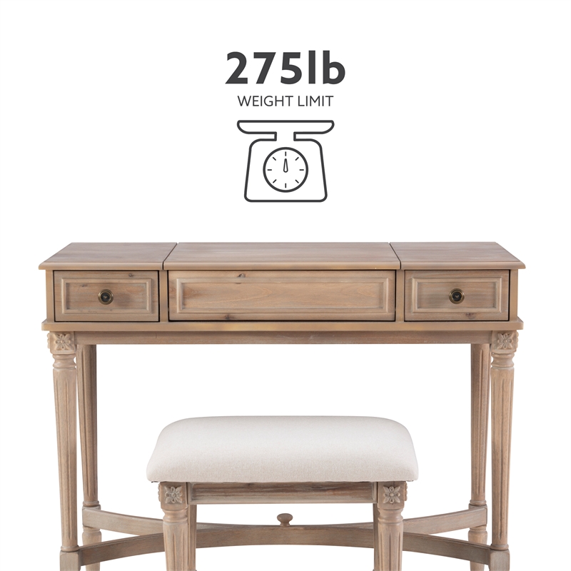 Kingfisher Lane Wood Vanity & Padded Stool Set Flip Up Mirror 2 Drawers - Gray