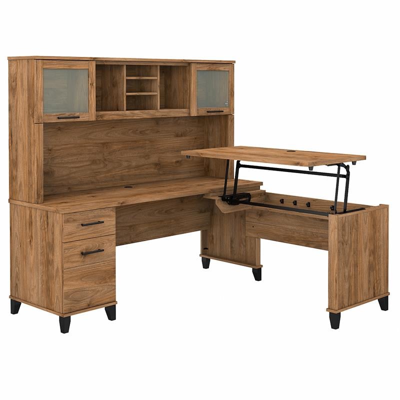 Kingfisher Lane 72W Sit to Stand L Desk w/ Hutch in Walnut - Engineered Wood