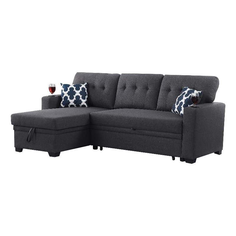 Kingfisher Lane Reversible Fabric Sleeper Sofa Bed & Chaise w/ Cup Holder - Gray